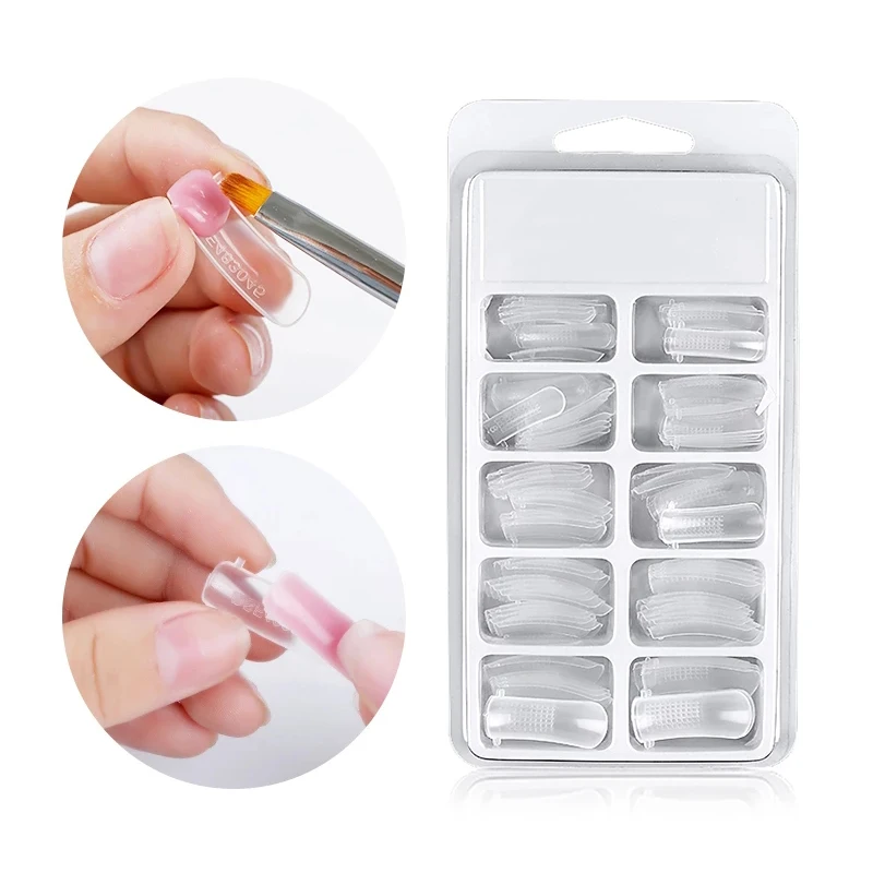 

100pcs Reusable Nail Art Quick Poly Building Gel Mold Form Extension UV Builder Gel Fake Tips Manicure Mold Nail False Tips Tool, Clear