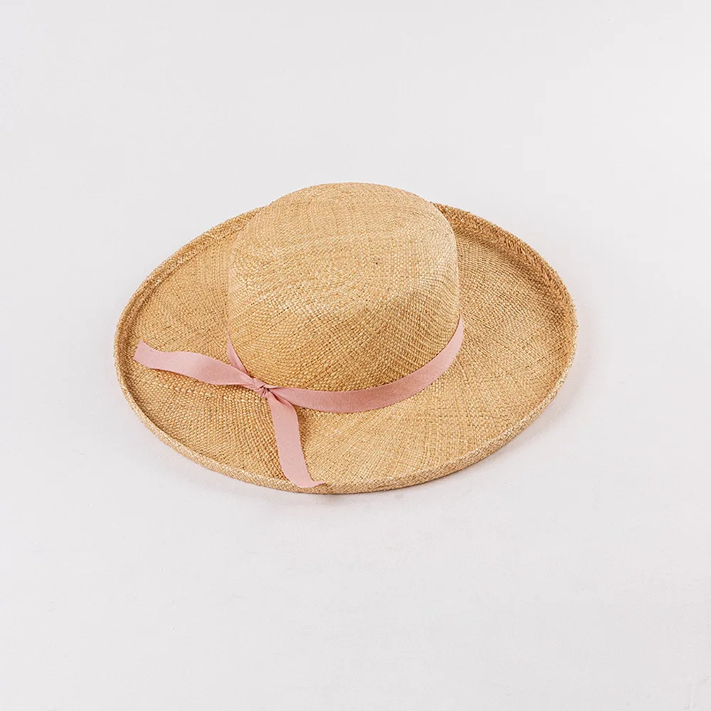 Spring summer new fashion flat top warped edge webbing wide brim straw hat manufacturer outdoor travel protection sun hat straw