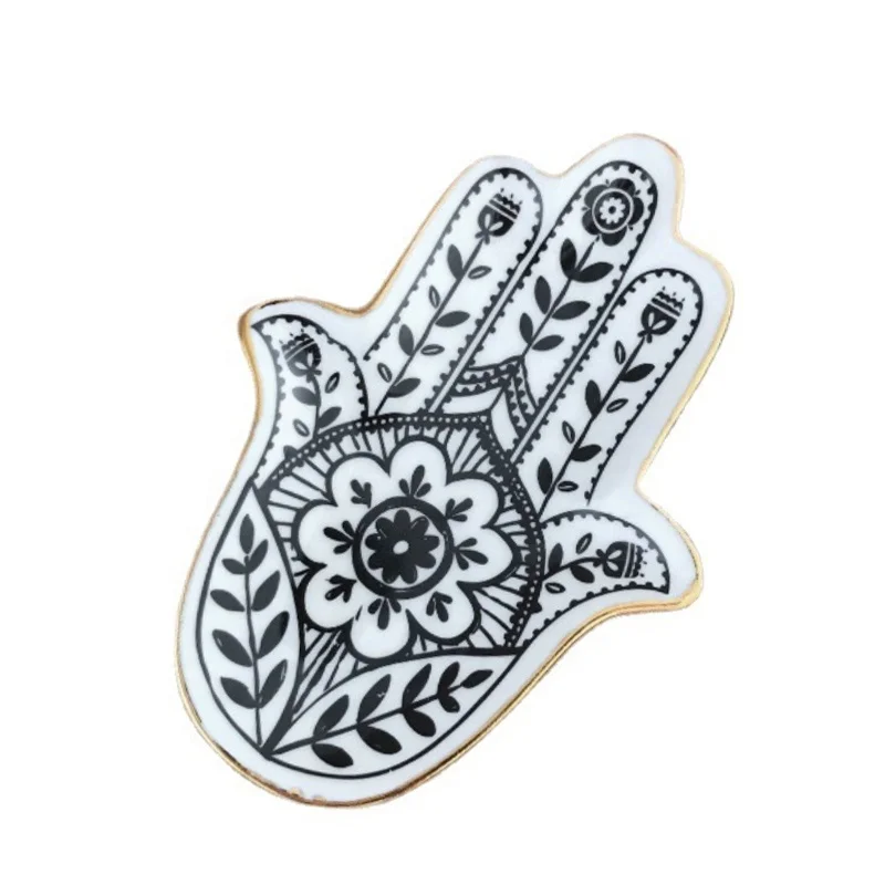 

4 Inch Fancy Hamsa Hand Ceramic Trinket Tray Ceramic Jewelry Tray Decoration Storage Porcelain Gold Rim Jewellery Display Plates, White