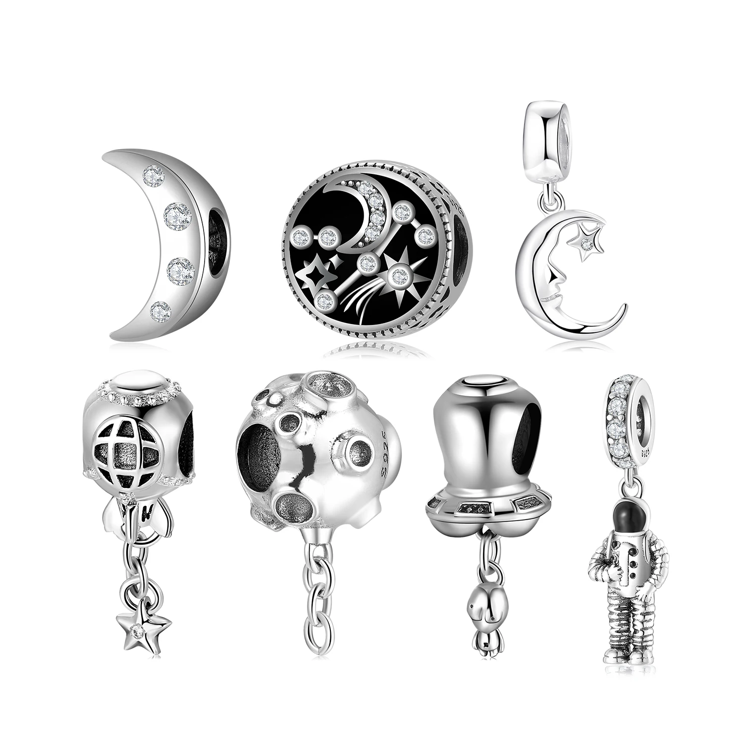 

Real 925 Sterling Silver Space series Enamel Charms astronaut beads with CZ star moon Pendant for Women Jewelry Bracelet Fashion