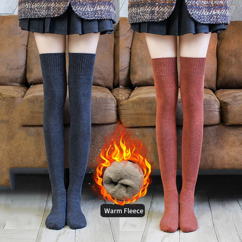 

Black Brown Caramel Thick Cotton Cushion Winter Warm Women Over The Knee Socks, 7 colors