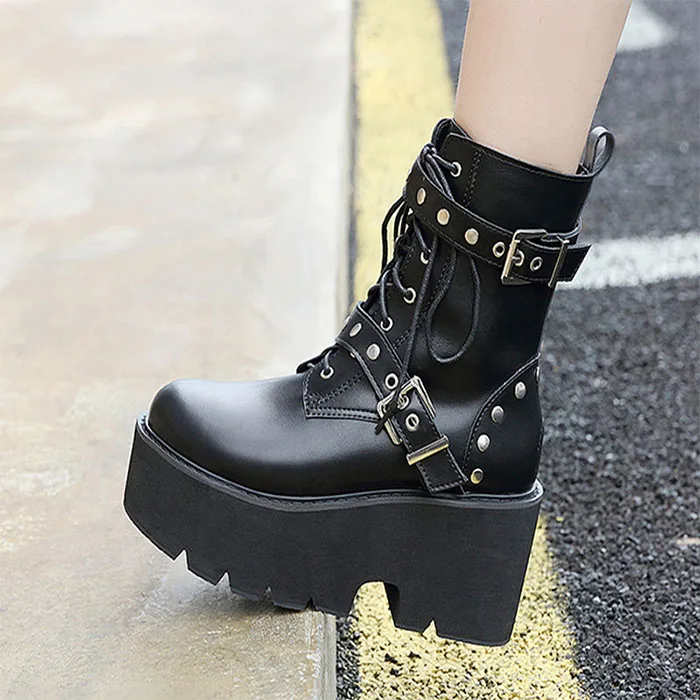 

Dropshipping Custom Logo 2021 Lady Pu Thick-soled Boot Knight British Style Retro Motorcycle Boots Women Fashion Footwear, Black