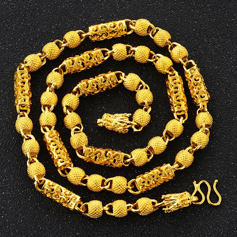 

999 Gold Plated Beads Dragon Head Necklace Men's Vietnam Placer Hollow Simulation Round Bead No Color Fading