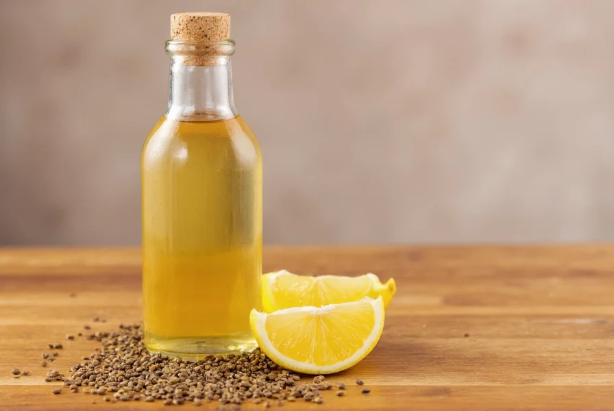 Glass bottle of golden cumin water next to fresh cumin seeds and lemon slice on wooden table
