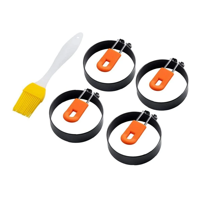 

5PCS Non Stick Fried with Silicone Anti Scald Handle and Oil Brush Round Egg Rings Set, Black
