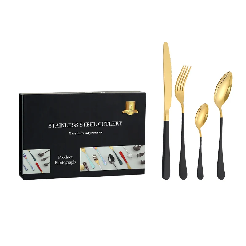 

Promotional Products Gold Flatware Set Stainless Steel Black Wedding 24Pcs Cutlery Set with Gift Box