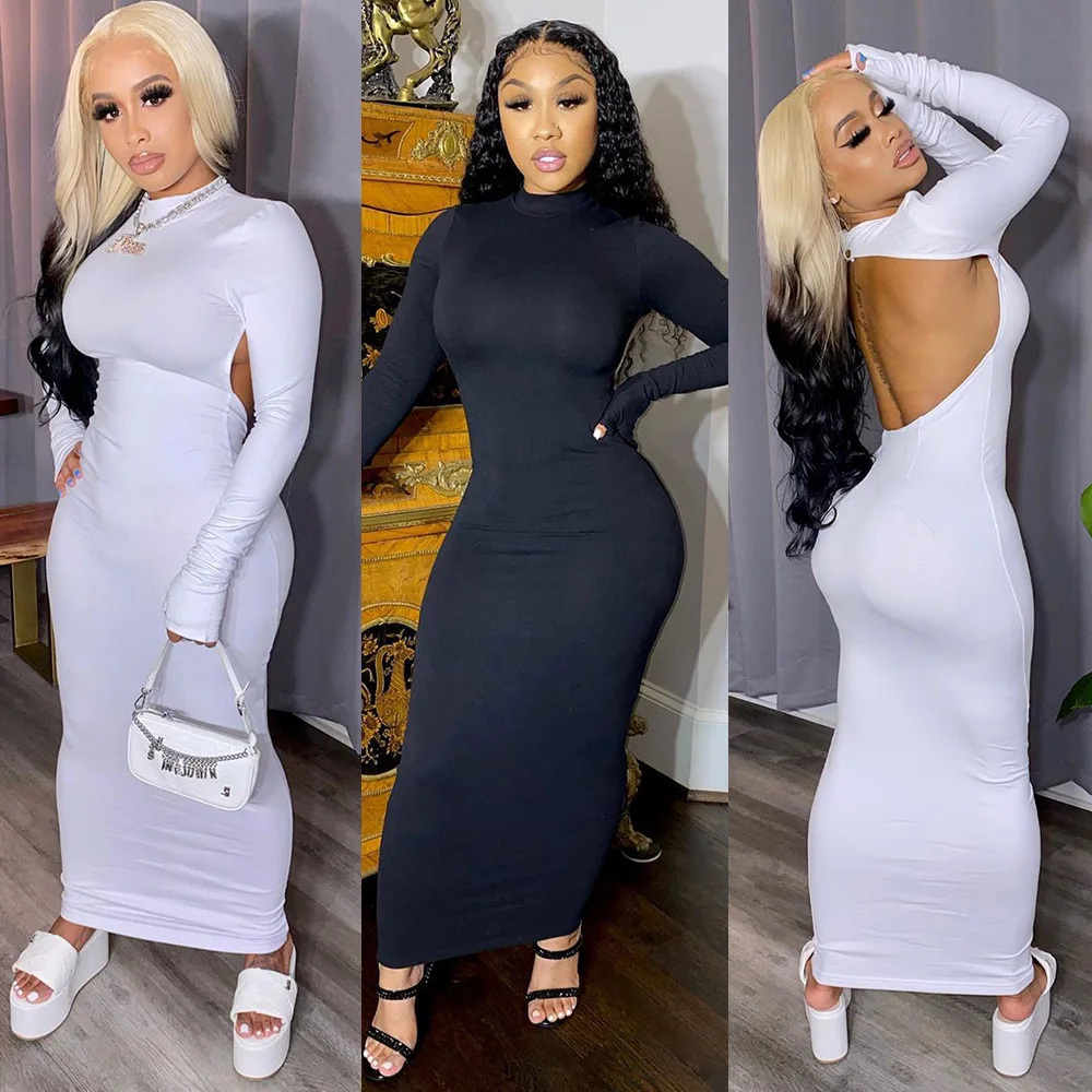 

Hottest Women Solid Color Skinny Ankle-Length Dress 2020 Lady O-neck Full Sleeve Hollow Out Backless Sexy Nightclub Wear Dresses
