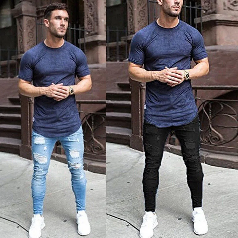 

Top quality all match solid color white blue black denim pants skinny hole high waist men jeans trouser, As picture or customized