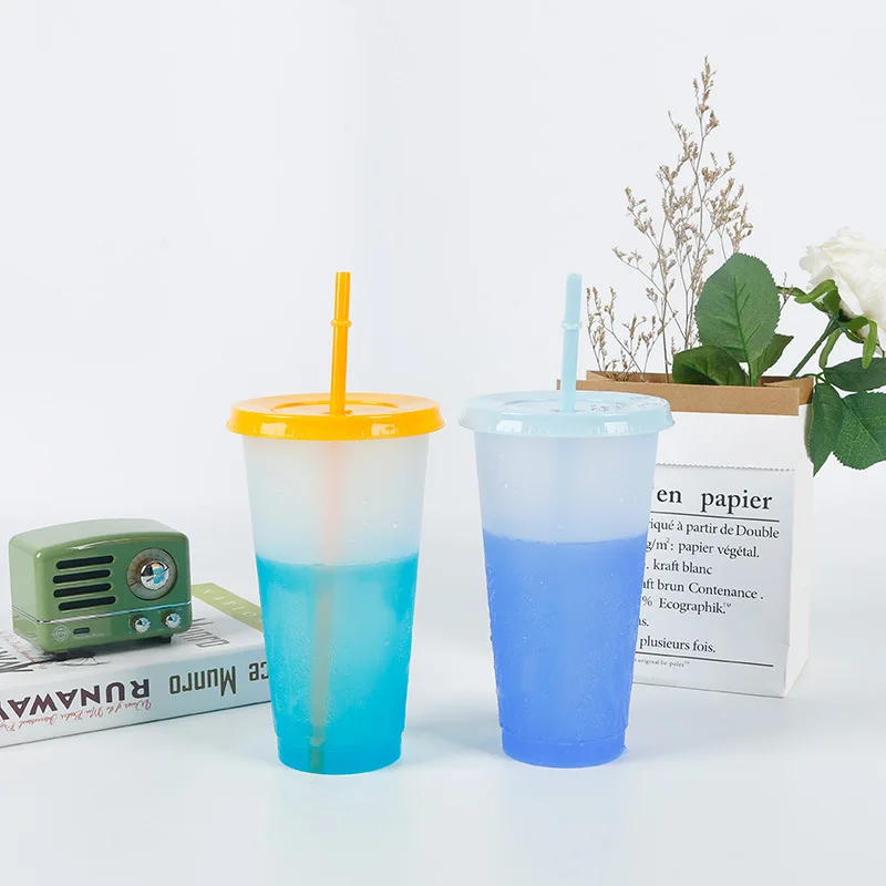 

Wholesale 5pcs/set 24oz Bpa Free Customized Logo Plastic Cold Coffee Color Changing Cup With Lid And Straw, As picture