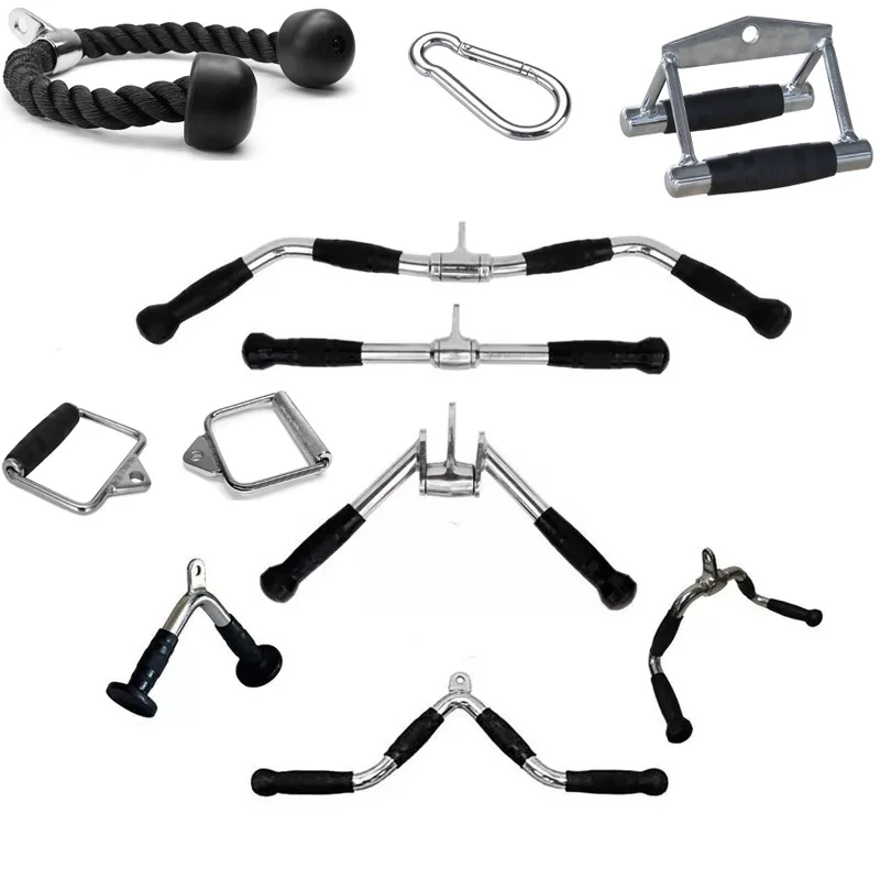 

Lat Machine Accessory Pull Down: Tricep Rope, Single D-Handle, V-Shaped Bar & Rotating Straight Bar