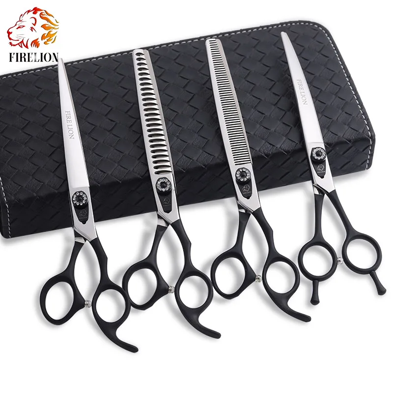 

Firelion Classic Style High Quality  Pet Cutting Thinning Curved Scissors Kit Dog Grooming Scissors Set, Black and silver