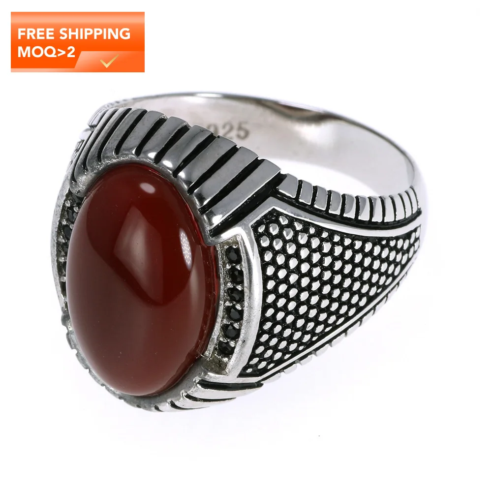 

Red Green Color Natural Stone Jewelry Men Rings 925 Silver Turkish Rings