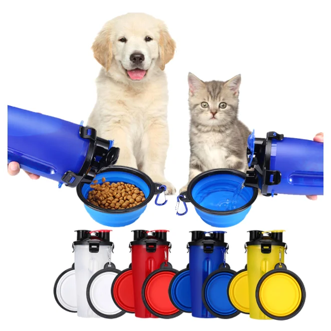 

Outdoor Pet Travel Feeder Portable Dispenser Water Bottle Cup With Foldable Dog Food Bowls, As picture or custom color
