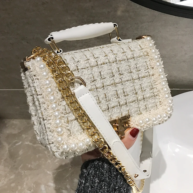 

2021tiktok bag Female Square Tote bag Quality Woolen Pearl Women's Designer Handbag Ladies Chain Shoulder Crossbody Bag Travel