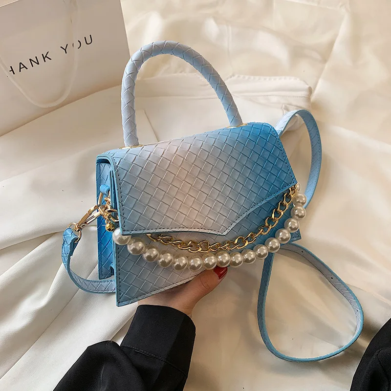 

High quality pearl portable gradient color woven pu leather female crossbody chain bags purses and handbags luxury women, 7colors