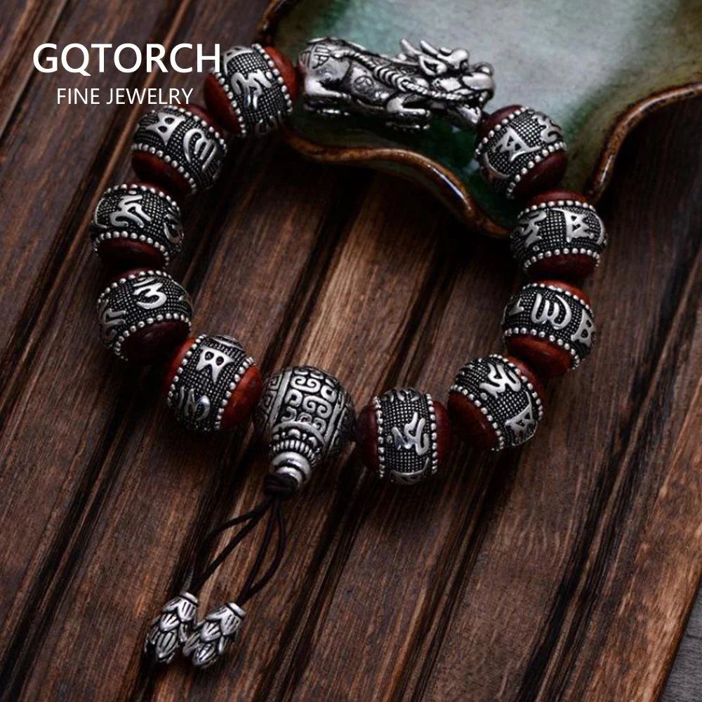 

Real 990 Sterling Silver Red Sandalwood Carving Six Words Mantra Inspiration Beads Bracelets For Men And Women