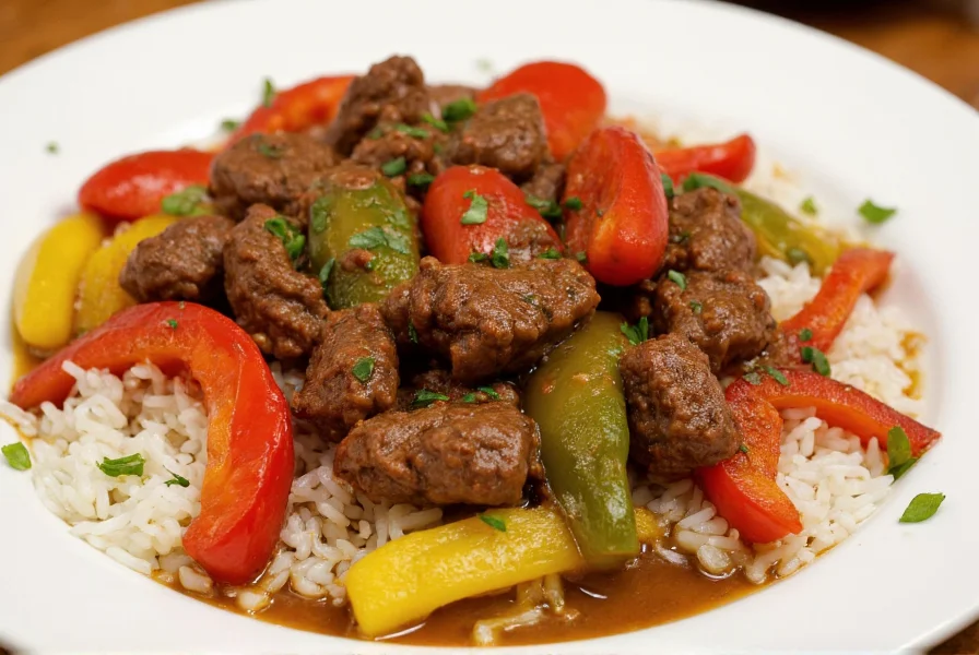 Finished pepper steak served over white rice with vibrant bell peppers and glossy sauce