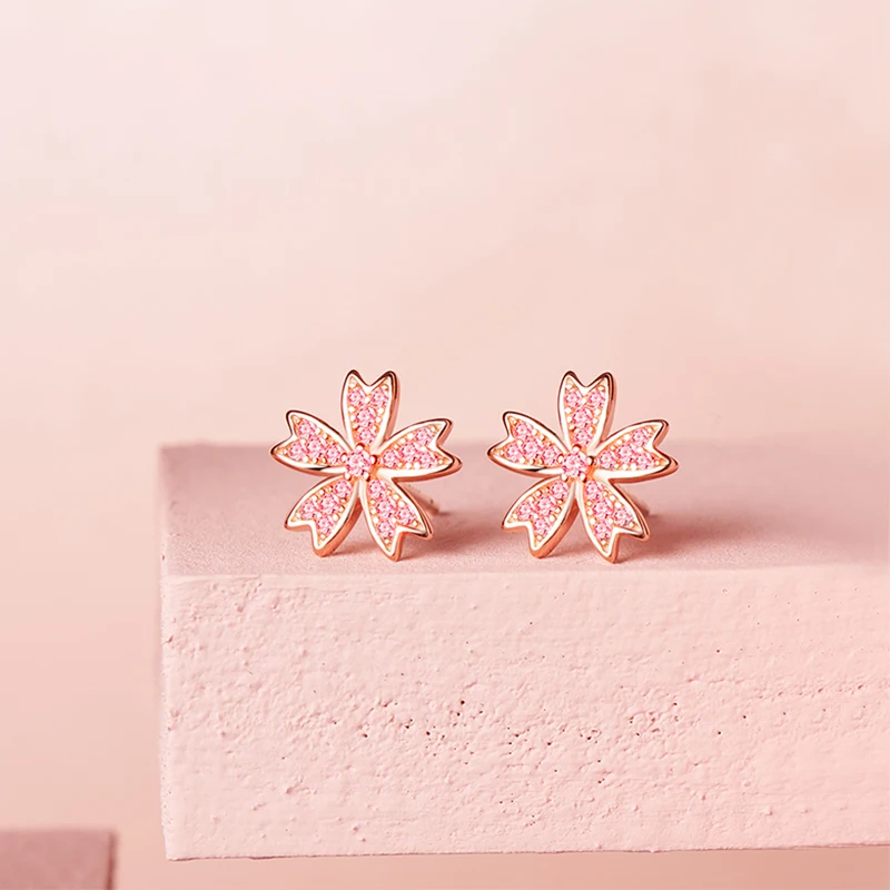 

Wholesale Spring Earrings Trendy 2022 Romantic Pink Zirconia Cherry Blossom 925 Sterling Silver Earrings Jewelry