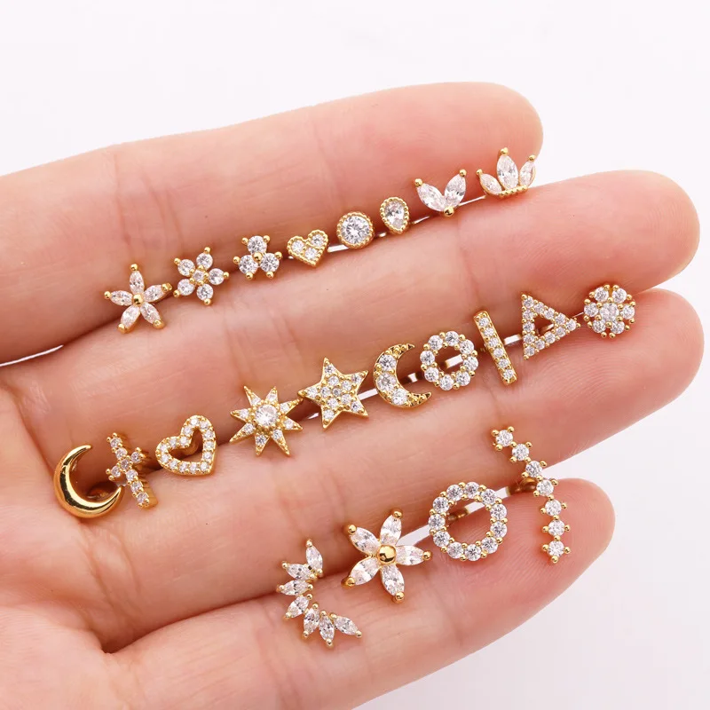 

Gold Silver Stainless Steel Zircon Earrings Flower Cross Heart Jewelry Earrings for women, As picture