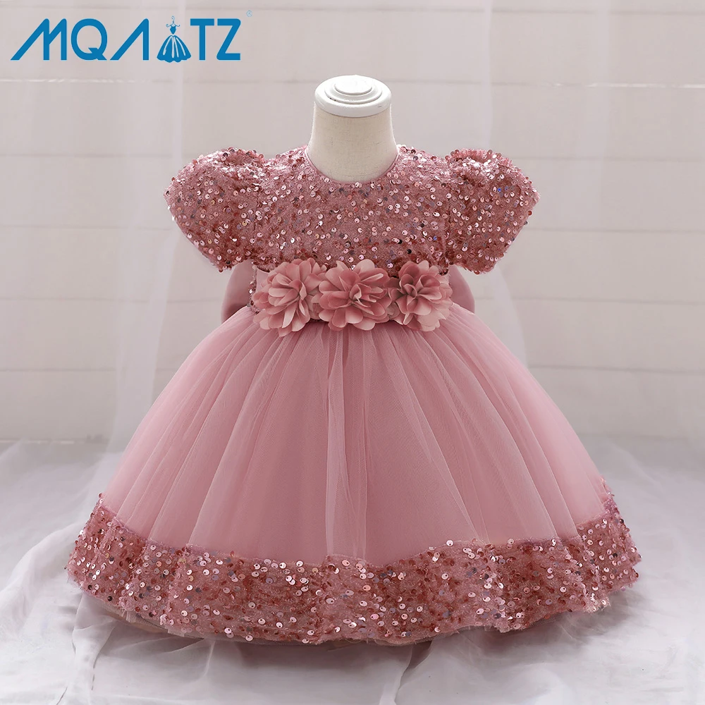 

MQATZ Kid Dresses 3D Flowers Print Big Bow Birthday Dress Toddler Baby Girls Children Princess Wed Dresses+Headgear