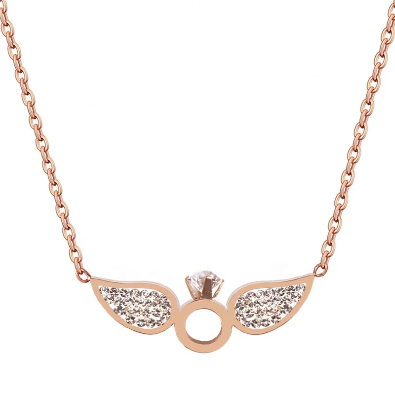 

2022 Wholesale fashion women IP plated stainless steel rhinestone heart wings jewelry necklace