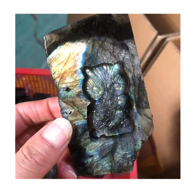 

wholesale healing crystals stone carved crystal owl labradorite slab carving for gift