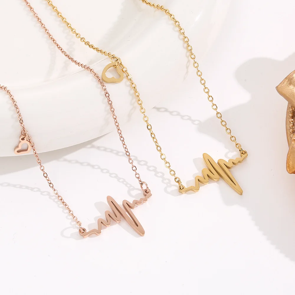 Simple and versatile women's stainless steel PVD electroplating waterproof and non fading electrocardiogram necklace