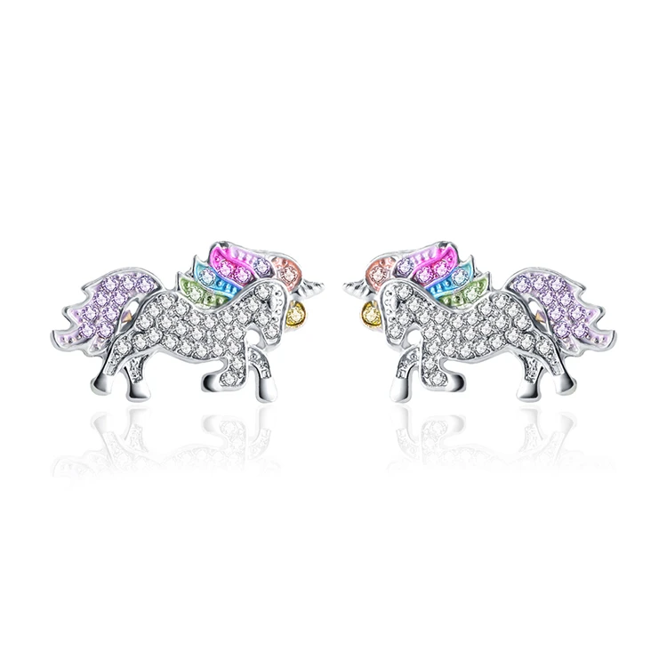 

Top fashion ladies zircon fashion dainty jewelry colorful unicorn valentine's day gift cartoon pony earrings, White golden