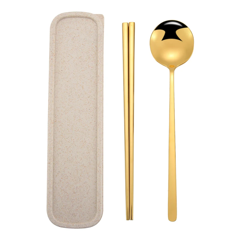 

Eco friendly edible stainless steel spoon chopsticks rose gold portable cutlery set