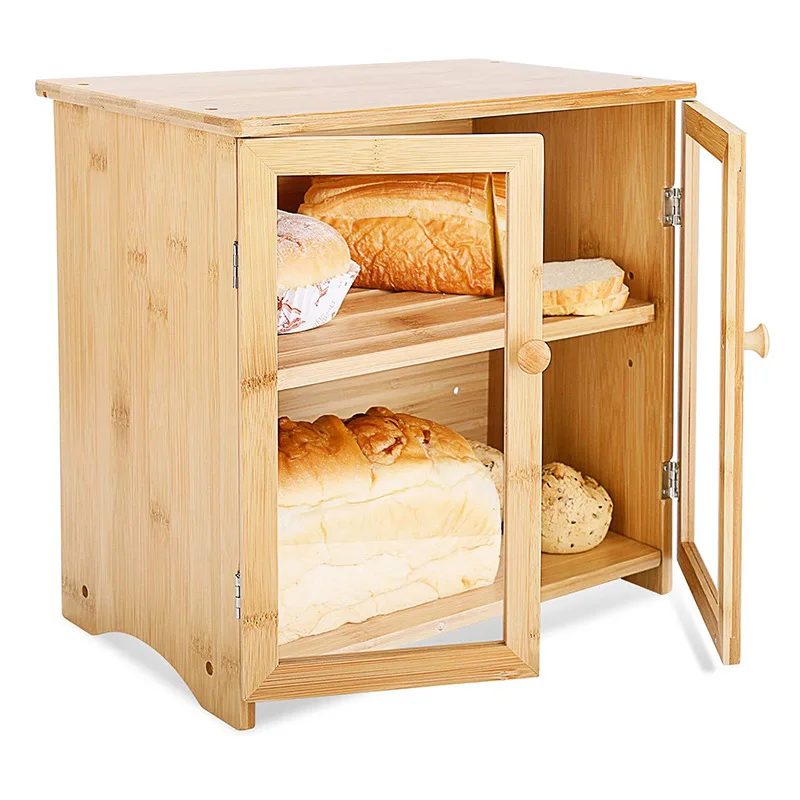 

Bamboo bread wood storage box with cutting board cover adjustable storage box, Natural bamboo color