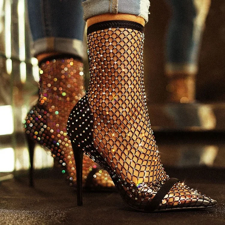 

women newest sexy rhinestone fishnet stiletto high heel boot