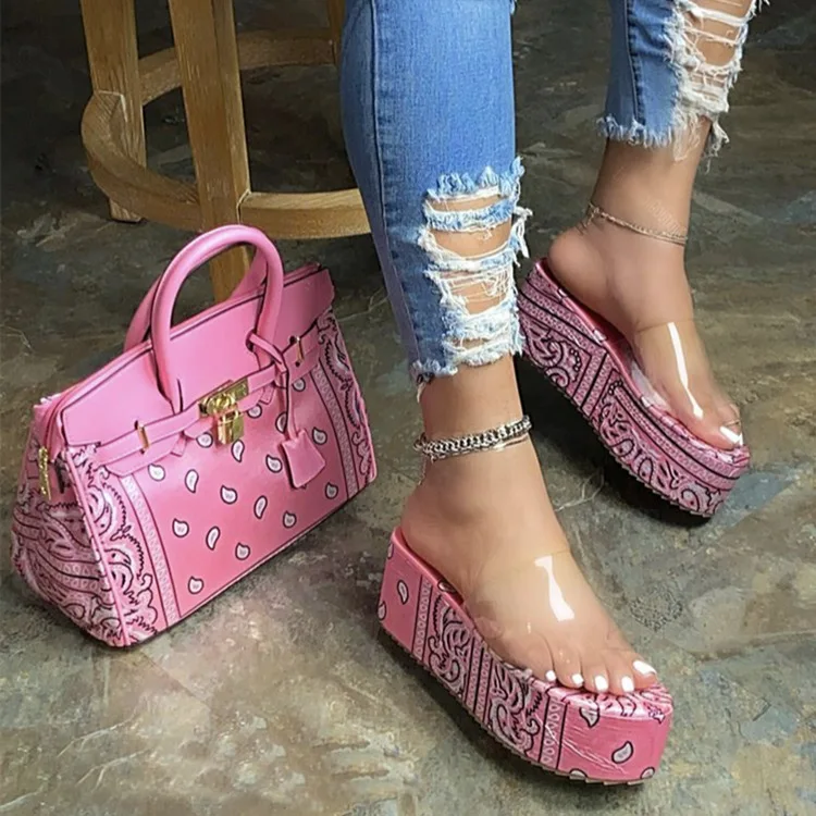 

QC-YN858 Wholesale women summer jelly sandals shoes casual slipper and matching bags platform sandals