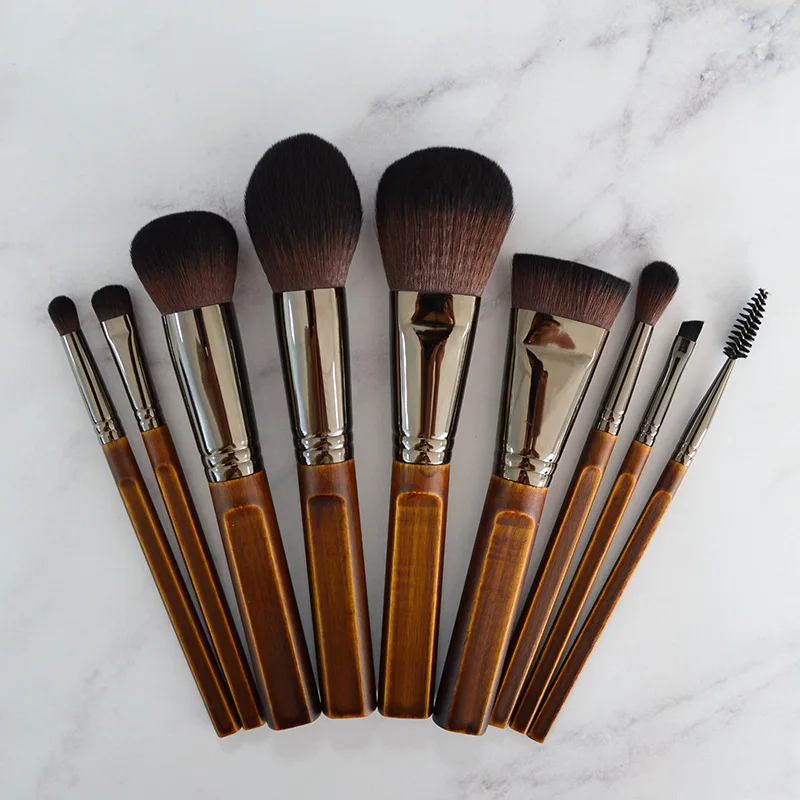 

2020 9pcs New Style Wooden Handle Brown Hair Classic Brushes Makeup For Women