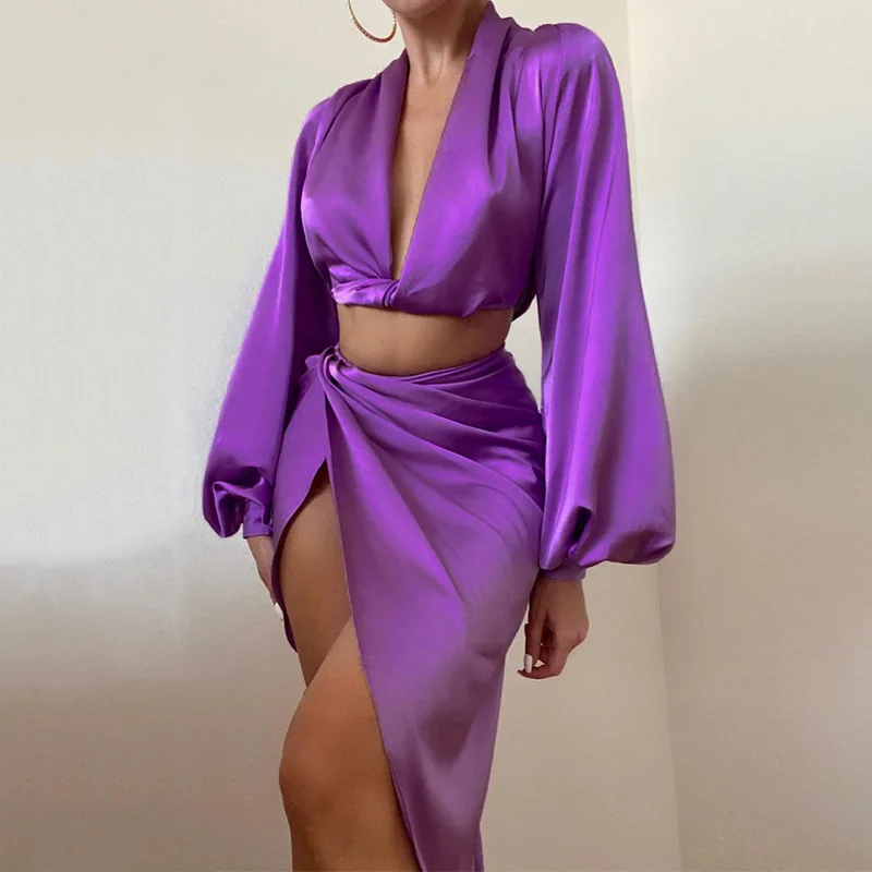 

2022 long sleeve crop top 2 piece sets Casual satin long skirt sexy two piece set for women