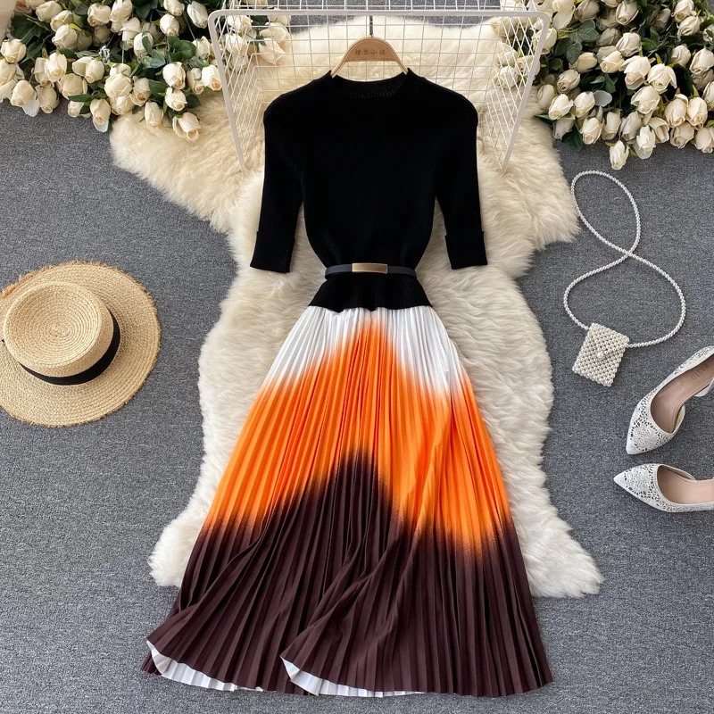 

fall winter latest Long sleeve knitted Spliced pleated dress Half grace temperament Casual Dresses