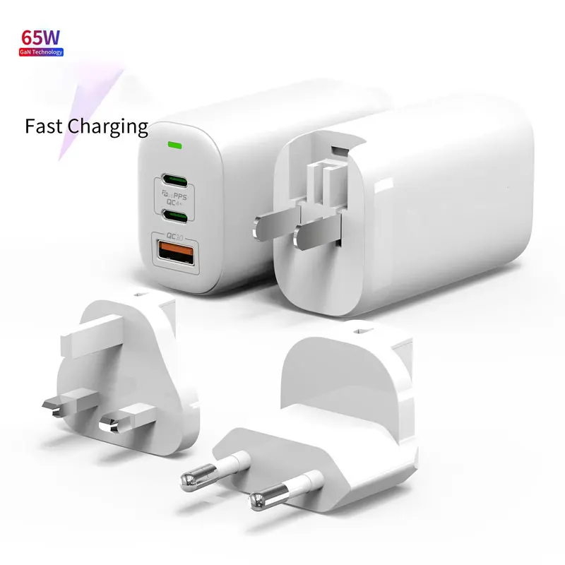 

PPS fast charging Wall charger 65W Interchangeable UK/AU US plugs universal Travel power adapter PD GAN charger, Black/white