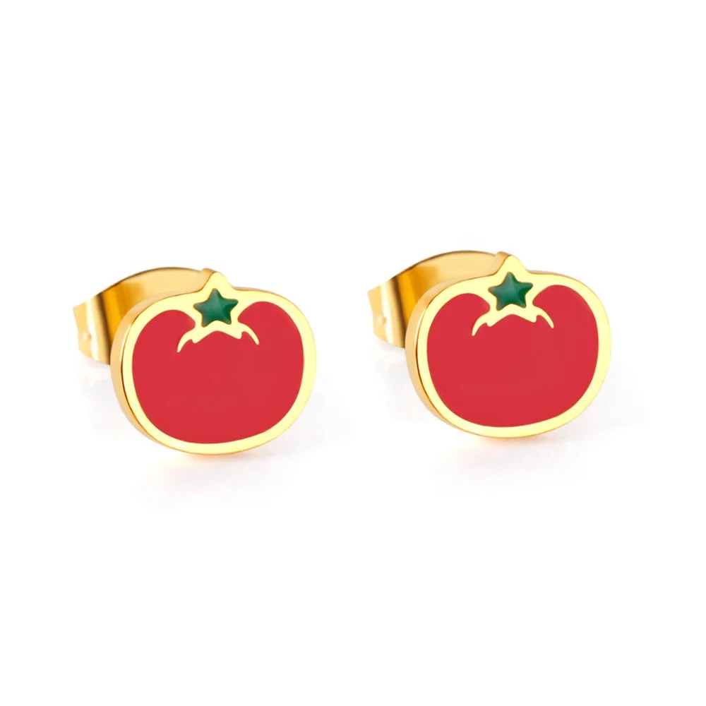 

New Designs Stainless Steel Gold Plated Girls Children Kids Enamel Tomato Earrings, Gold/silver available