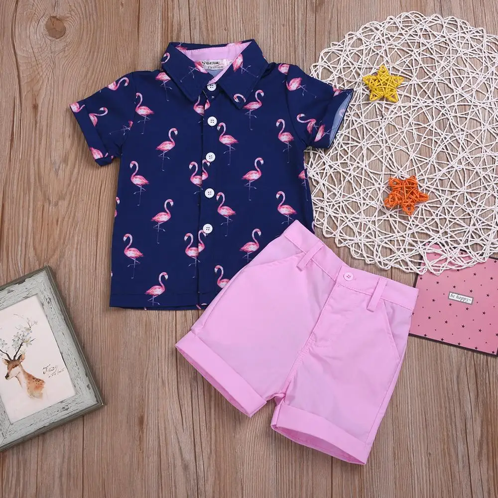 

Summer Little Boy Short Sleeve Clothing Set Toddler Boy Blue Flamingo Turn Down Collar Shirt +Pink Shorts Kid Boy Casual Outfit, As photos