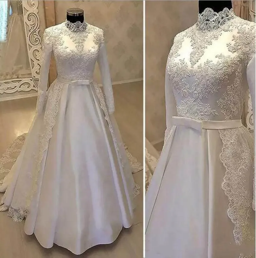 

FA175 Luxury Muslim Wedding dress White Lace Applique Dercation High Neck Long Sleeve Robe Arabic Bridal Dress, Default or custom