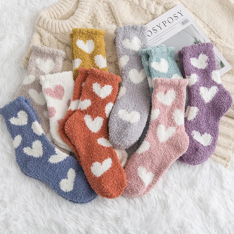 

2021 New heart printing Warm cozy thermal fuzzy terry socks winter fluffy korean Women socks, Custom colorr indoor floor slipper socks