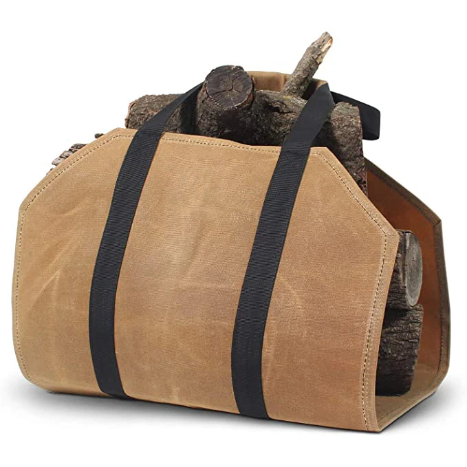 

High Quality Waxed Canvas Firewood Carrier Durable Firewood Log Tote Bag, Brown or custom