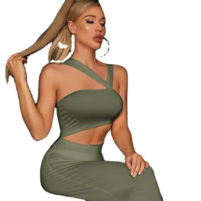 

Women's summer New solid color hanging neck halter mid-length dress hollow irregular sleeveless dress summer