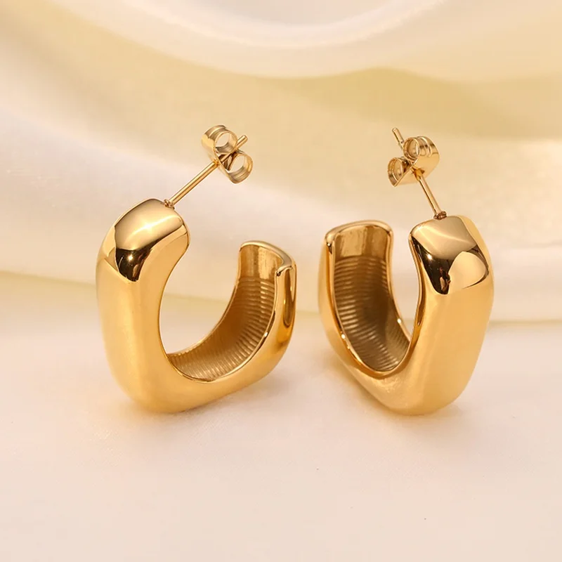 

Wholesale Custom 18K Gold Plated Stainless Steel C Shaped Stud Chunky Earring Hollow Out Earrings
