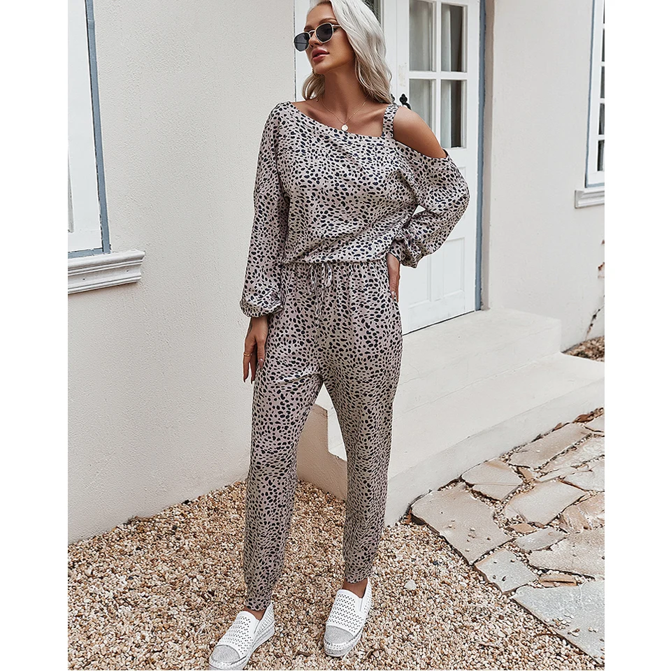 

Women's Sleepwear Women Two Pieces Pajama Sets 2021 Off Shoulder Nightwear Leopard Long Sleeve Pants Shorts 2 Pieces Pajamas Set