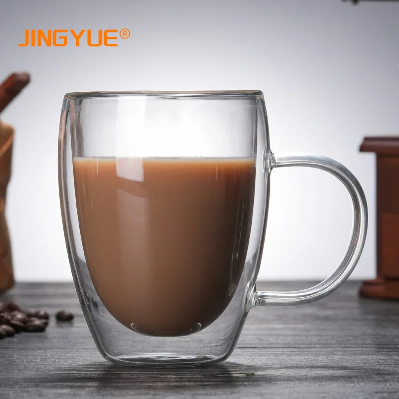 

Jingyue 15oz High Borosilicate Thermo Insulated Coffee Water Double Wall Glass for Juice Latte Tea and Iced Beverage, Clear