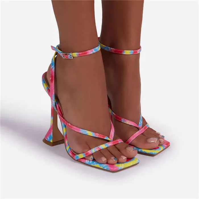 

High quality hot sale square toe high heel sandals women's stiletto heel breathable bridesmaid party fashion sandals size 42, Flower pink
