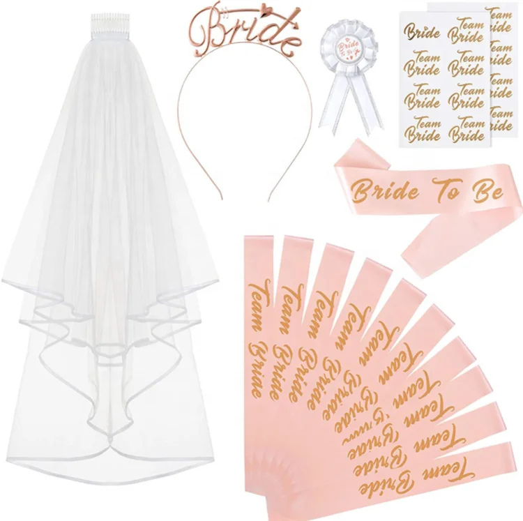 

Bachelor party bride to be suit team team bridal headband rose gold shoulder strap badge bridal veil with Comb
