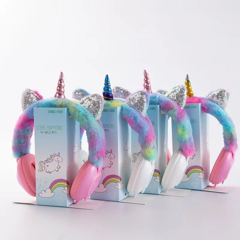 

Hot Selling Cartoon Wireless Earphone Unicorn Colorful Plush Headset Headphone For Children Gift