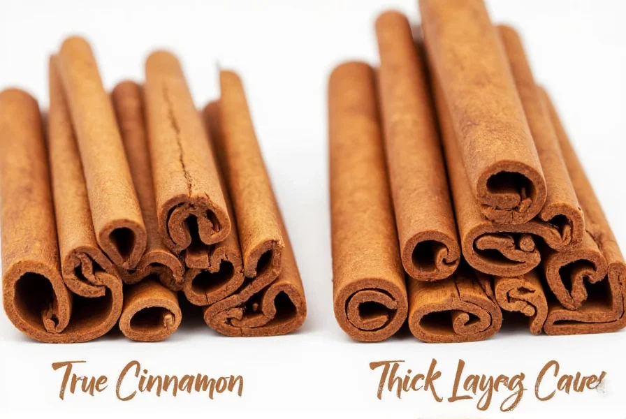 Side-by-side comparison of true cinnamon sticks (Ceylon) showing delicate layered structure versus thick single-layer Cassia cinnamon sticks