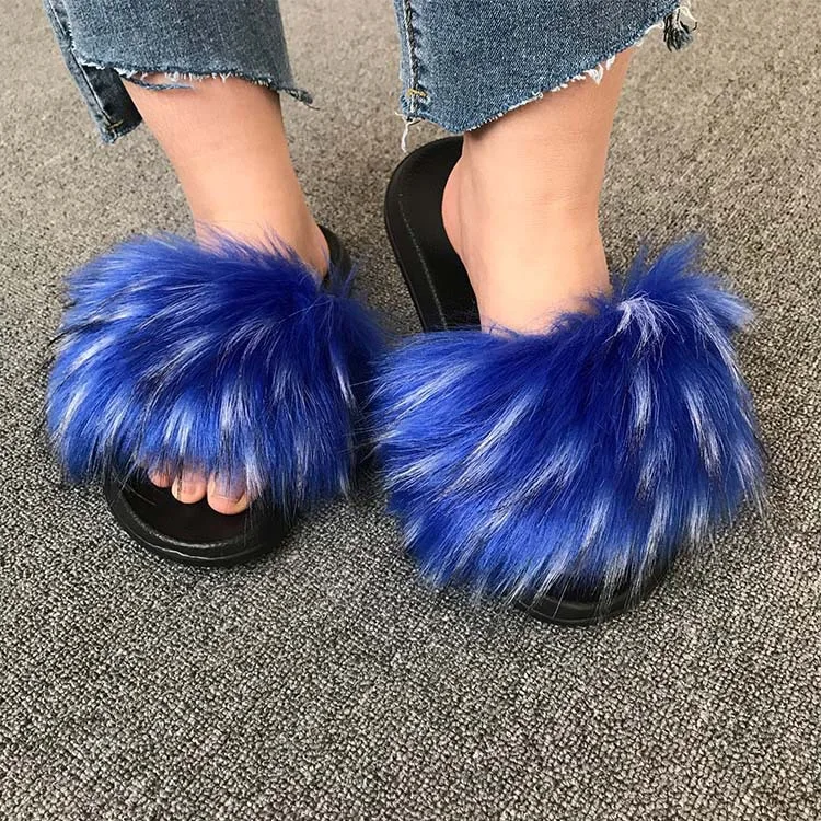 

High Quality Imitation Raccoon Girls Fashion Womens Fluffy faux fur slippers woman, Customized color